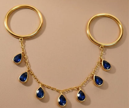 Blue Sapphire Tassel Shake Drop Chain Ring, Solid 14k Gold Two finger Handmade Jewelry devikaa