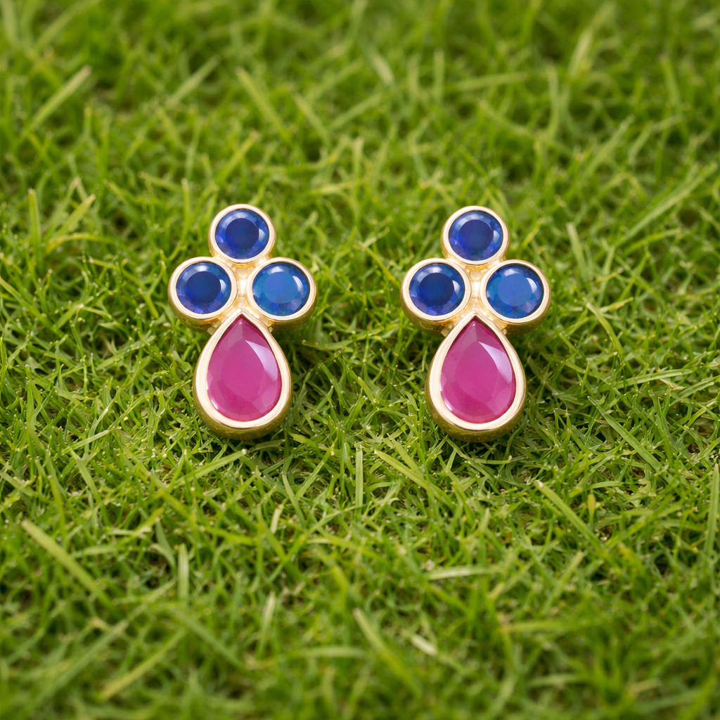 Blue Sapphire Trio Earrings with Ruby | 925 Sterling Silver Stud Jewelry devika jewel
