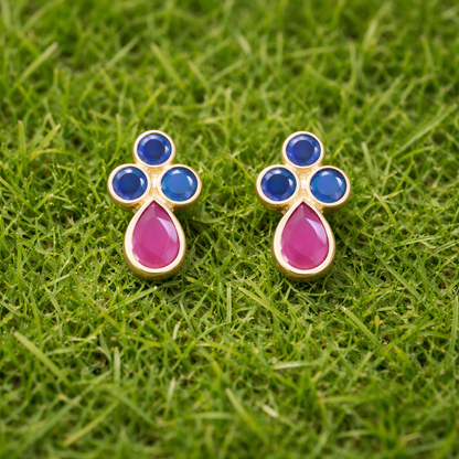 Blue Sapphire Trio Earrings with Ruby | 925 Sterling Silver Stud Jewelry devika jewel