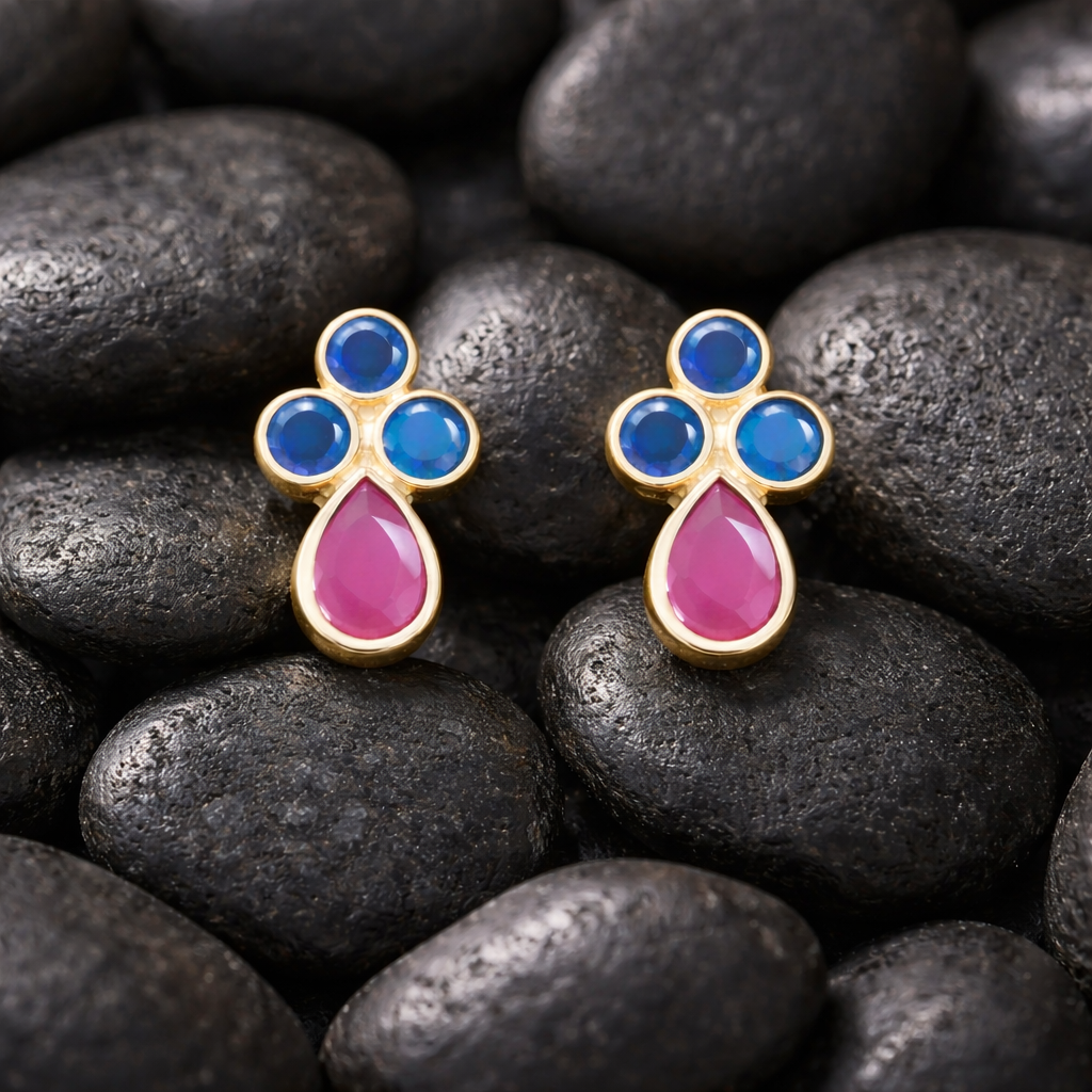 Blue Sapphire Trio Earrings with Ruby | 925 Sterling Silver Stud Jewelry devika