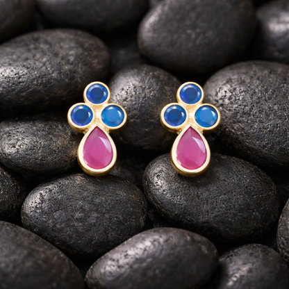 Blue Sapphire Trio Earrings with Ruby | 925 Sterling Silver Stud Jewelry devika