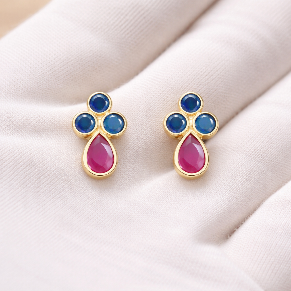 Blue Sapphire Trio Earrings with Ruby | 925 Sterling Silver Stud Jewelry devika gem