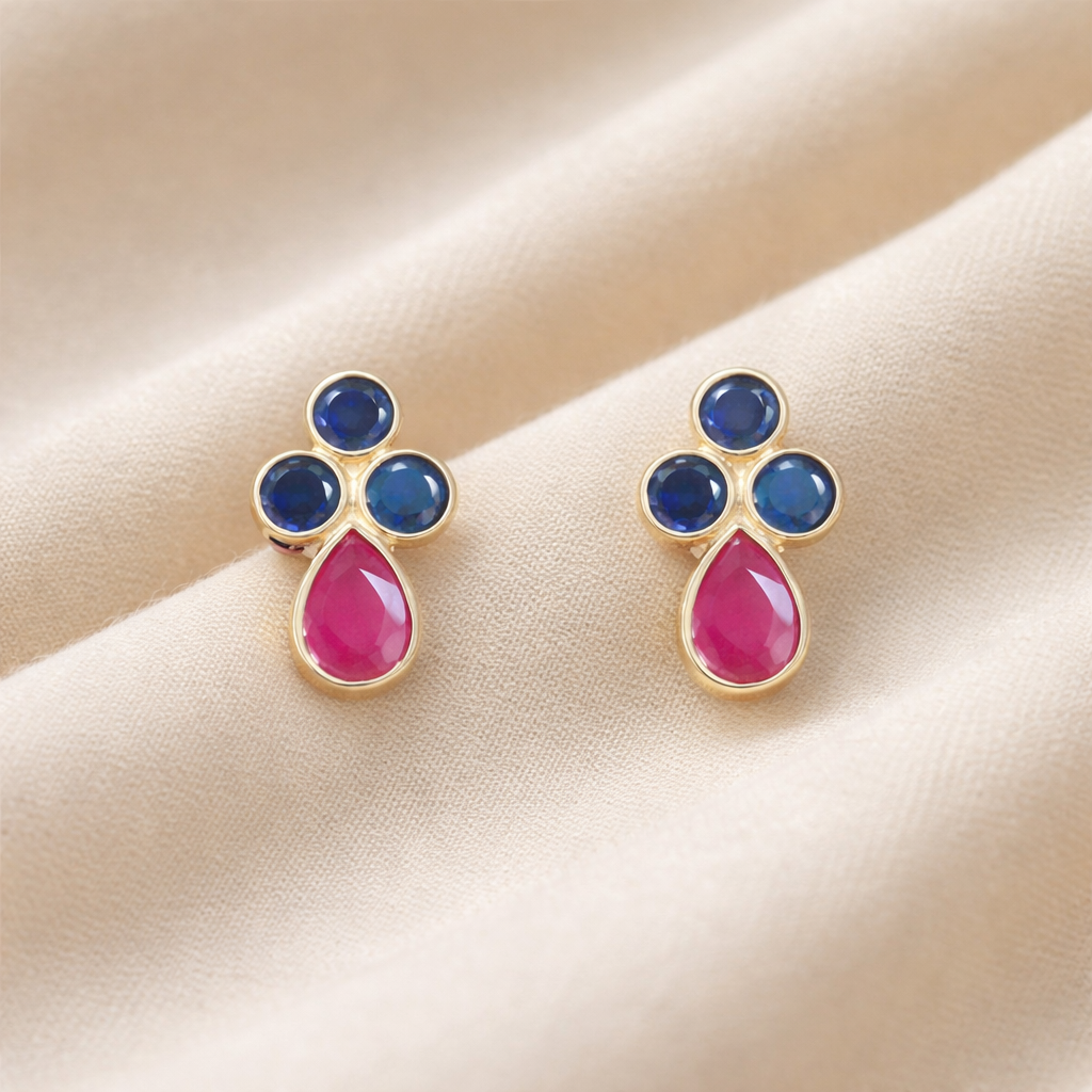 Blue Sapphire Trio Earrings with Ruby | 925 Sterling Silver Stud Jewelry deveka jewels