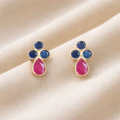 Blue Sapphire Trio Earrings with Ruby | 925 Sterling Silver Stud Jewelry deveka jewels