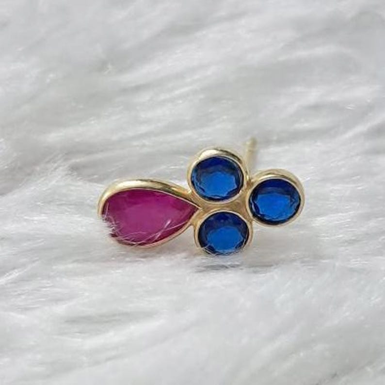 Blue Sapphire Trio Earrings with Ruby | 925 Sterling Silver Stud Jewelry deveka gem