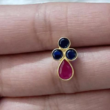 Blue Sapphire Trio Earrings with Ruby | 925 Sterling Silver Stud Jewelry daveeka
