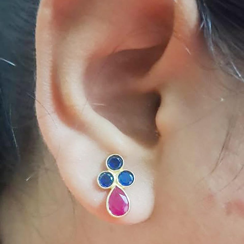 Blue Sapphire Trio Earrings with Ruby | 925 Sterling Silver Stud Jewelry devika jewelry