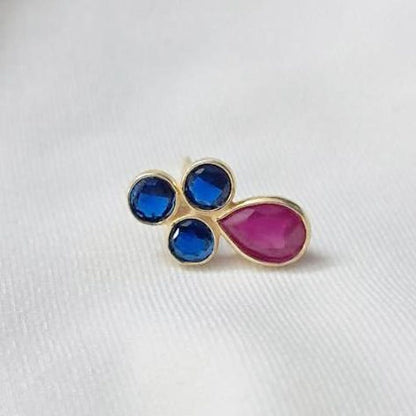Blue Sapphire Trio Earrings with Ruby | 925 Sterling Silver Stud Jewelry jewel devika