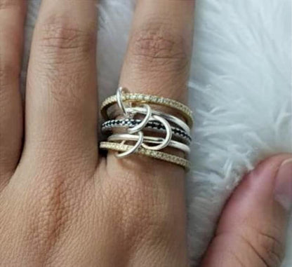 Blue Sapphire and Diamond Interlocking Ring, Multi Linked Chunky 925 silver Band 10