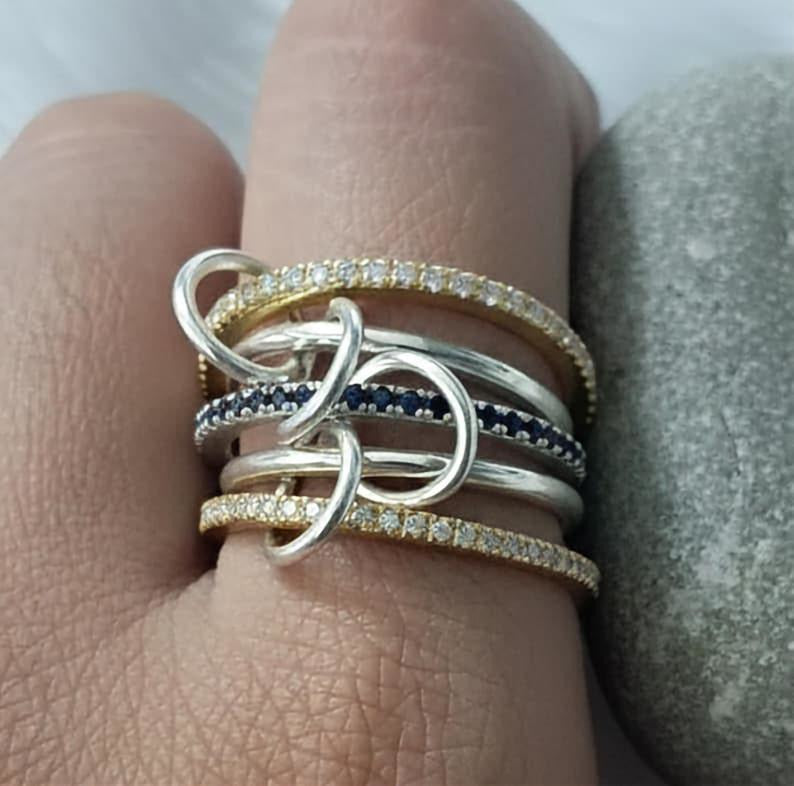 Blue Sapphire and Diamond Interlocking Ring, Multi Linked Chunky 925 silver Band 11