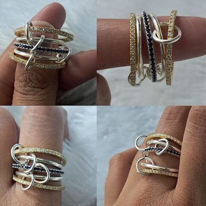 Blue Sapphire and Diamond Interlocking Ring, Multi Linked Chunky 925 silver Band 2