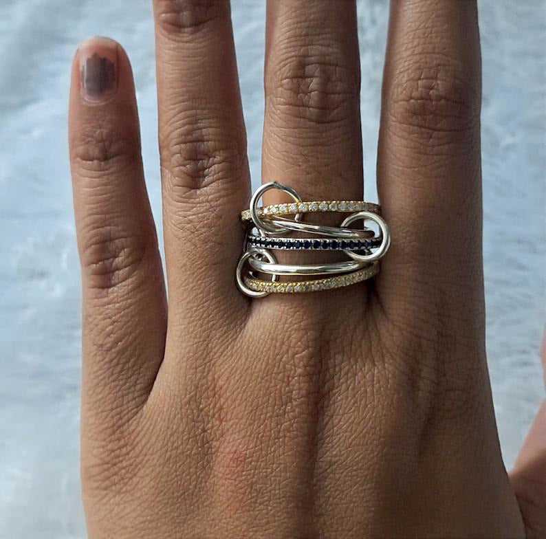 Blue Sapphire and Diamond Interlocking Ring, Multi Linked Chunky 925 silver Band 3