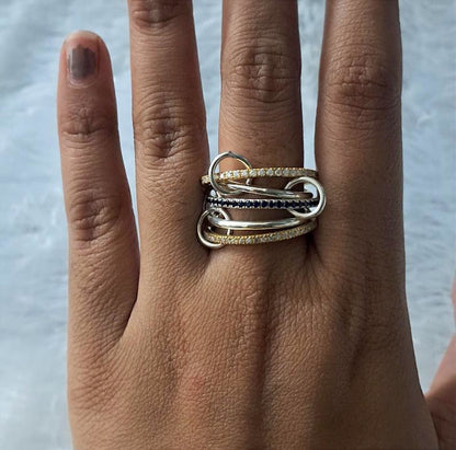 Blue Sapphire and Diamond Interlocking Ring, Multi Linked Chunky 925 silver Band 3