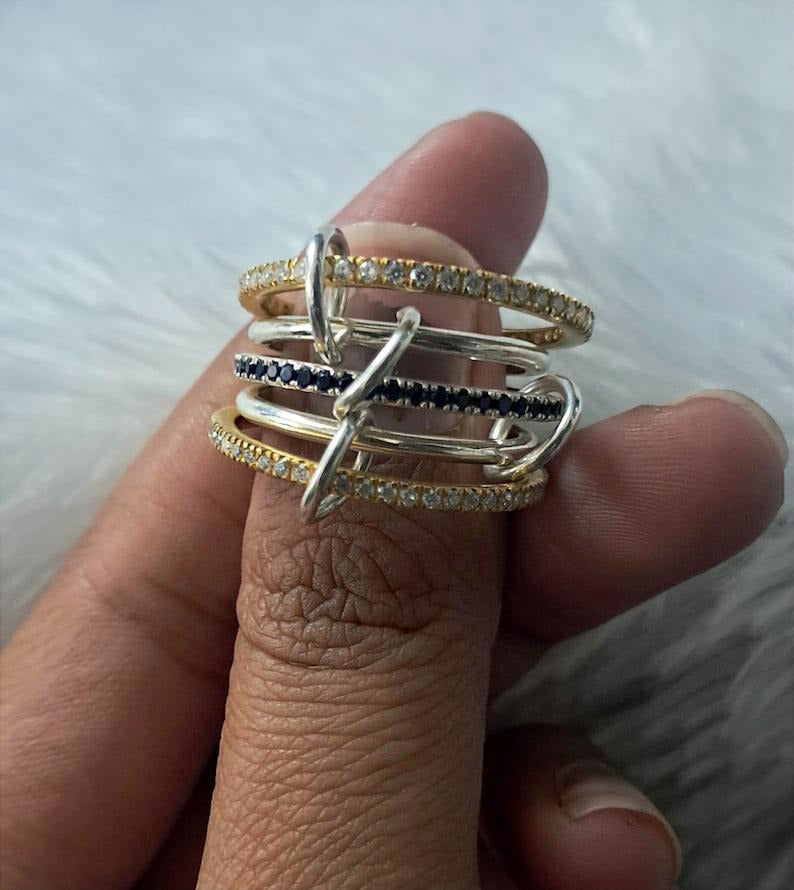 Blue Sapphire and Diamond Interlocking Ring, Multi Linked Chunky 925 silver Band 4