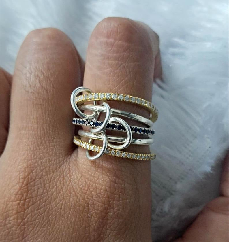 Blue Sapphire and Diamond Interlocking Ring, Multi Linked Chunky 925 silver Band 5