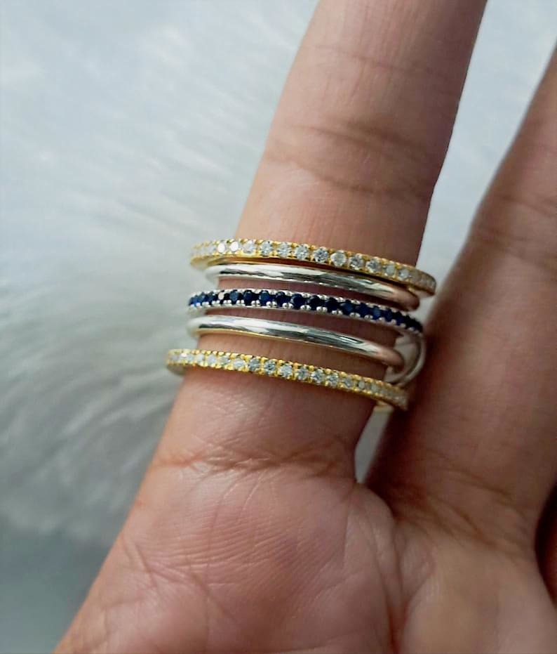 Blue Sapphire and Diamond Interlocking Ring, Multi Linked Chunky 925 silver Band 6