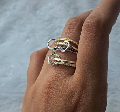 Blue Sapphire and Diamond Interlocking Ring, Multi Linked Chunky 925 silver Band 7