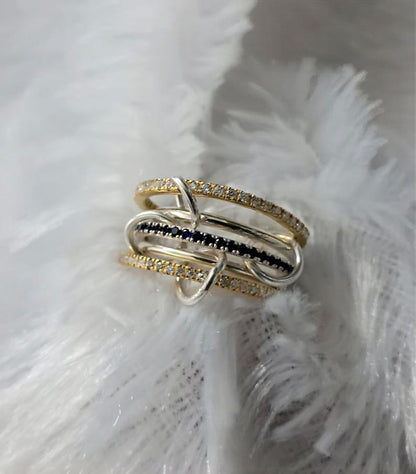 Blue Sapphire and Diamond Interlocking Ring, Multi Linked Chunky 925 silver Band 8