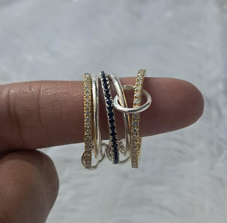 Blue Sapphire and Diamond Interlocking Ring, Multi Linked Chunky 925 silver Band 9