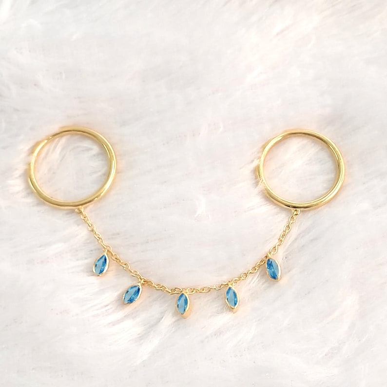 Blue Topaz Drop Chain Ring 925Sterling Silver Tassel Double Band Two Finger  4