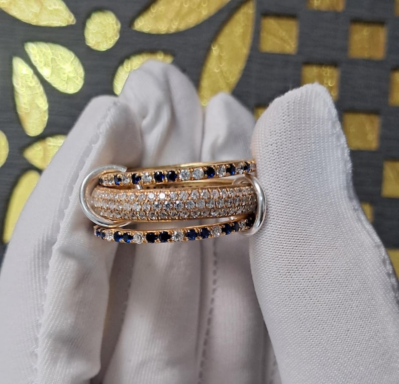 Blue sapphire Diamonds Triple Interlocking Chunky Multi Linked Band Ring 1