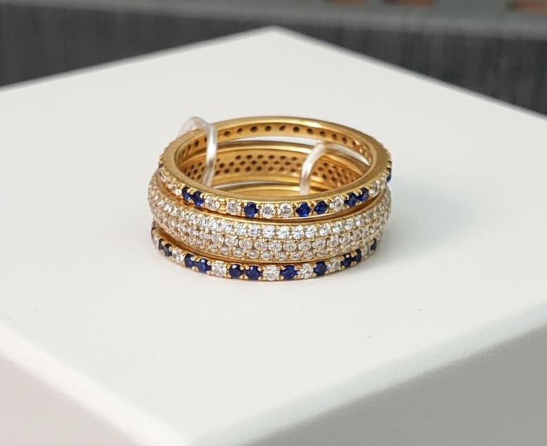 Blue sapphire Diamonds Triple Interlocking Chunky Multi Linked Band Ring 10