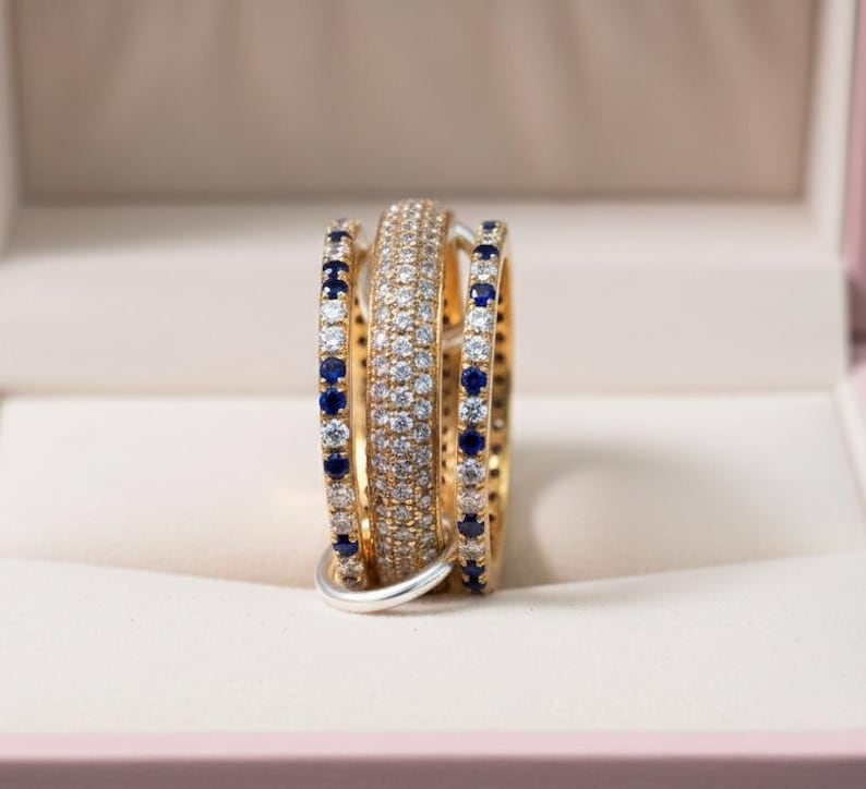 Blue sapphire Diamonds Triple Interlocking Chunky Multi Linked Band Ring 4