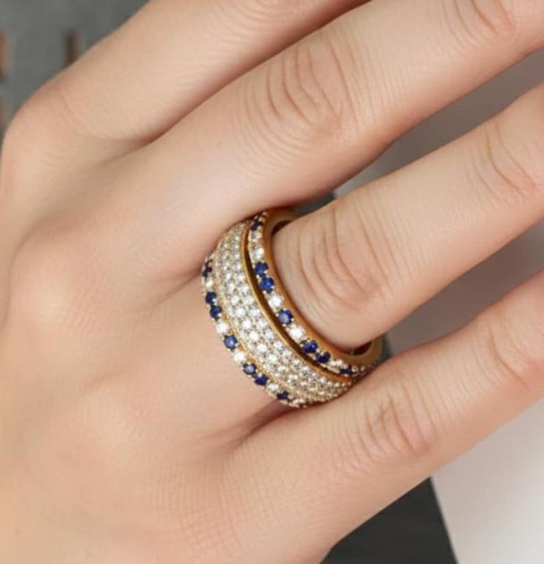 Blue sapphire Diamonds Triple Interlocking Chunky Multi Linked Band Ring 5