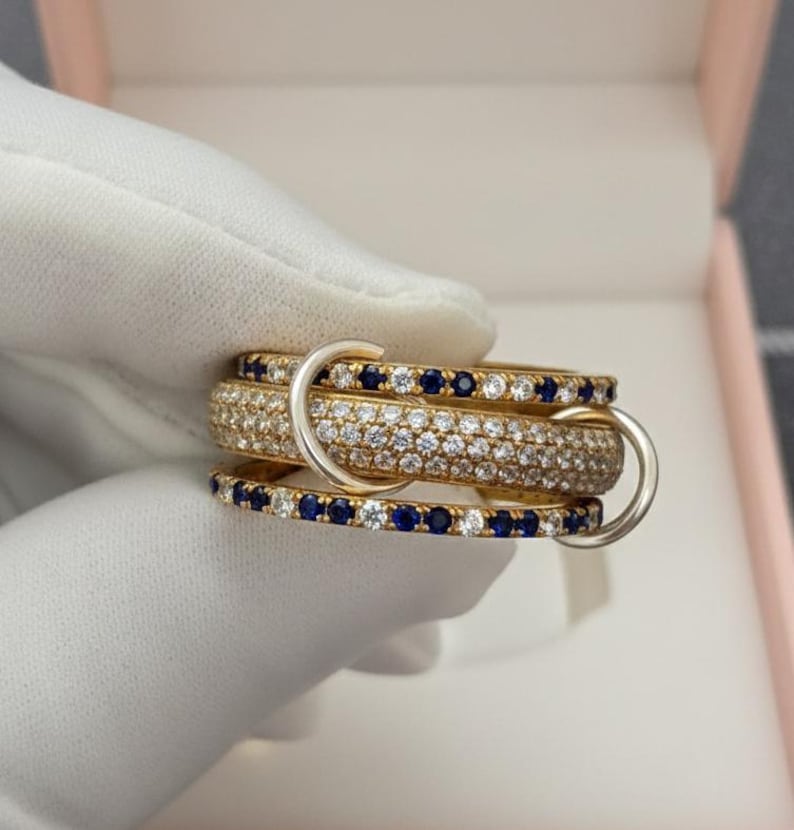 Blue sapphire Diamonds Triple Interlocking Chunky Multi Linked Band Ring 7