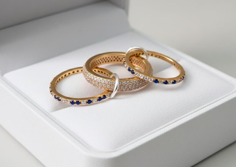 Blue sapphire Diamonds Triple Interlocking Chunky Multi Linked Band Ring 8