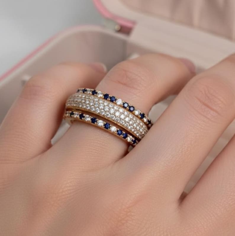 Blue sapphire Diamonds Triple Interlocking Chunky Multi Linked Band Ring 9