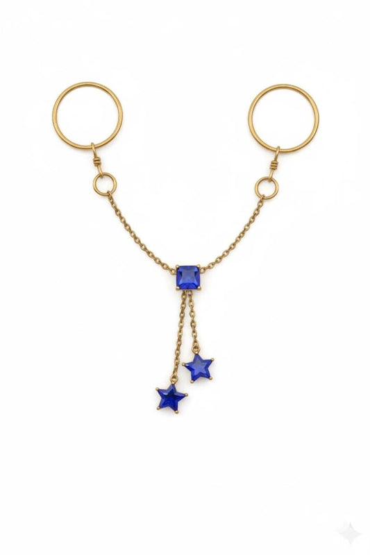 Brass Double Chain Blue Sapphire Star Ring Statement Two Finger Jewelry 5