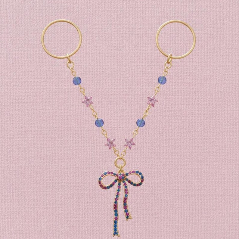 Brass Double Chain Bow Ring Colorful CZ Statement Jewelry  1