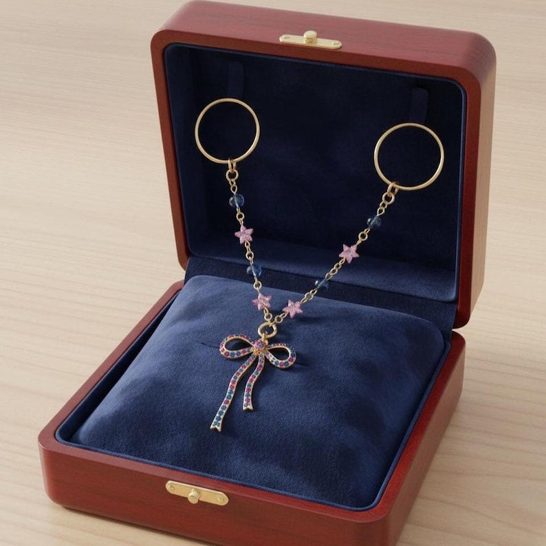 Brass Double Chain Bow Ring Colorful CZ Statement Jewelry  2