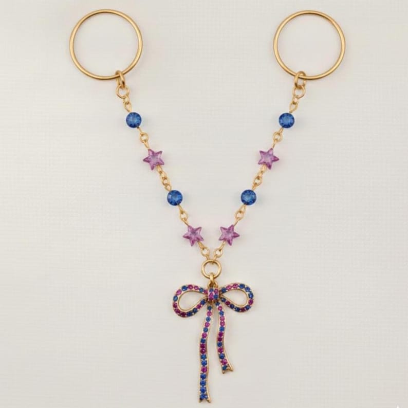 Brass Double Chain Bow Ring Colorful CZ Statement Jewelry  3