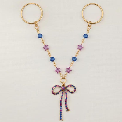 Brass Double Chain Bow Ring Colorful CZ Statement Jewelry  3