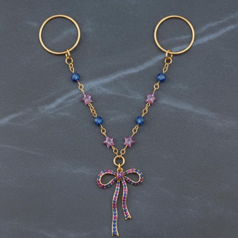 Brass Double Chain Bow Ring Colorful CZ Statement Jewelry  4