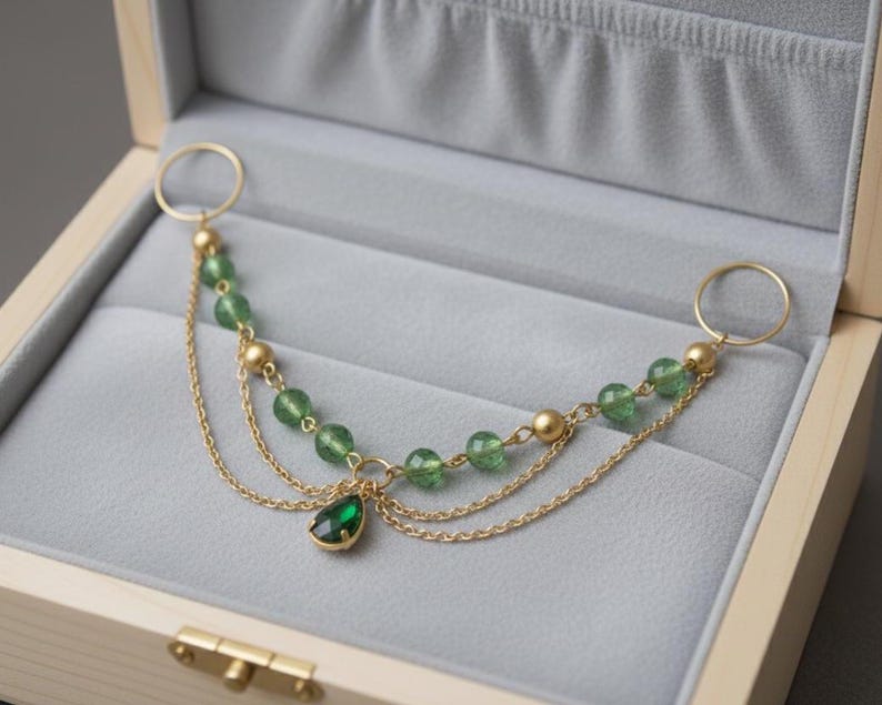 Brass Double Chain Green Stone Ring Boho Statement Jewelry 2