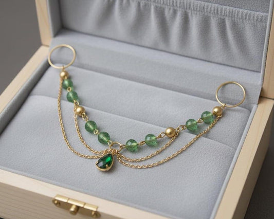 Brass Double Chain Green Stone Ring Boho Statement Jewelry 2