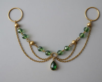 Brass Double Chain Green Stone Ring Boho Statement Jewelry 3