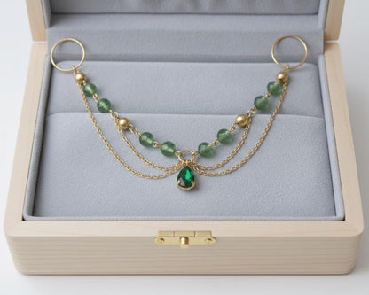 Brass Double Chain Green Stone Ring Boho Statement Jewelry 4