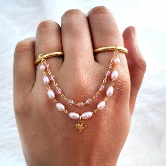 Brass Double Chain Oval CZ Ring Minimal Statement Jewelry 2