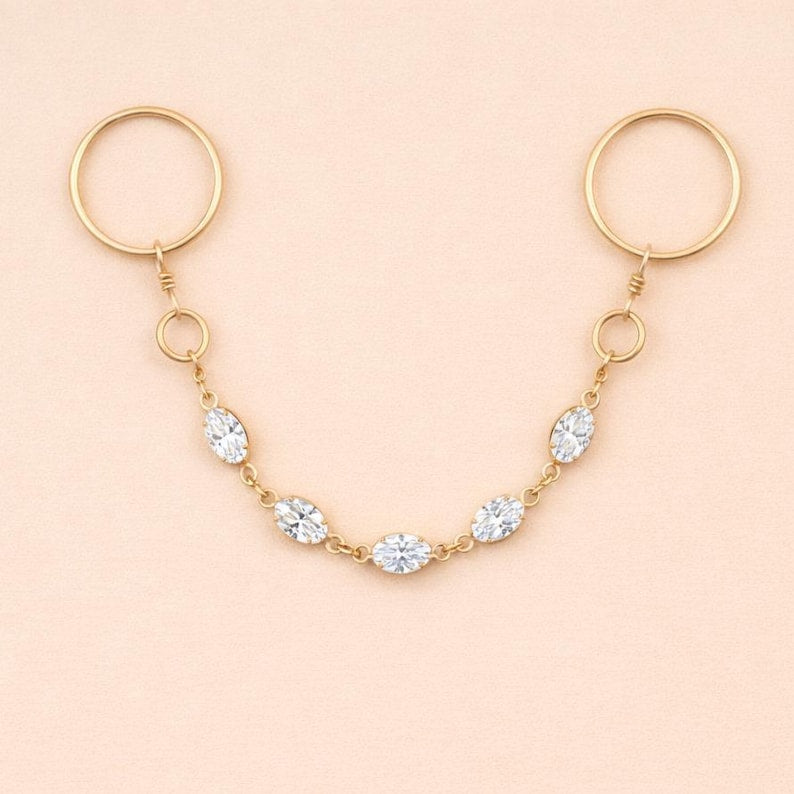 Brass Double Chain Oval Diamond CZ Ring Minimal Statement Jewelry 2