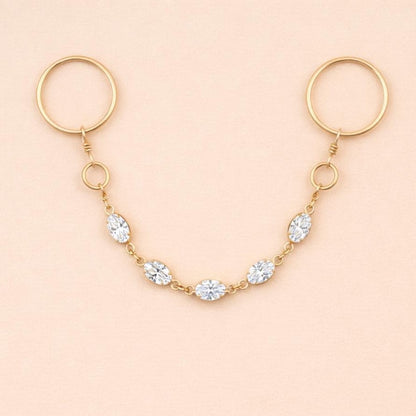 Brass Double Chain Oval Diamond CZ Ring Minimal Statement Jewelry 2