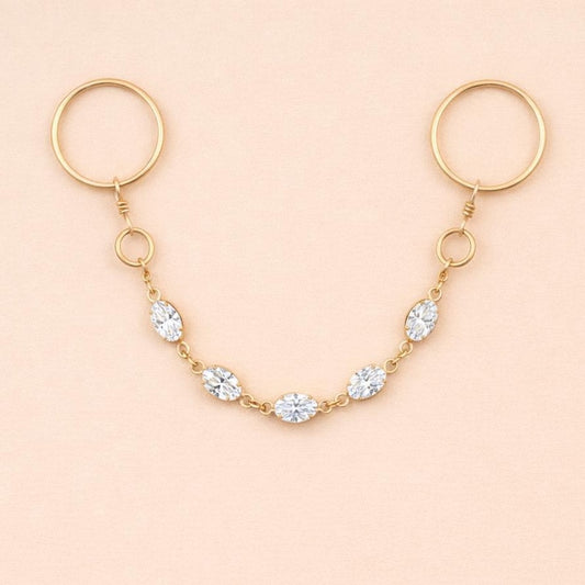 Brass Double Chain Oval Diamond CZ Ring Minimal Statement Jewelry 2