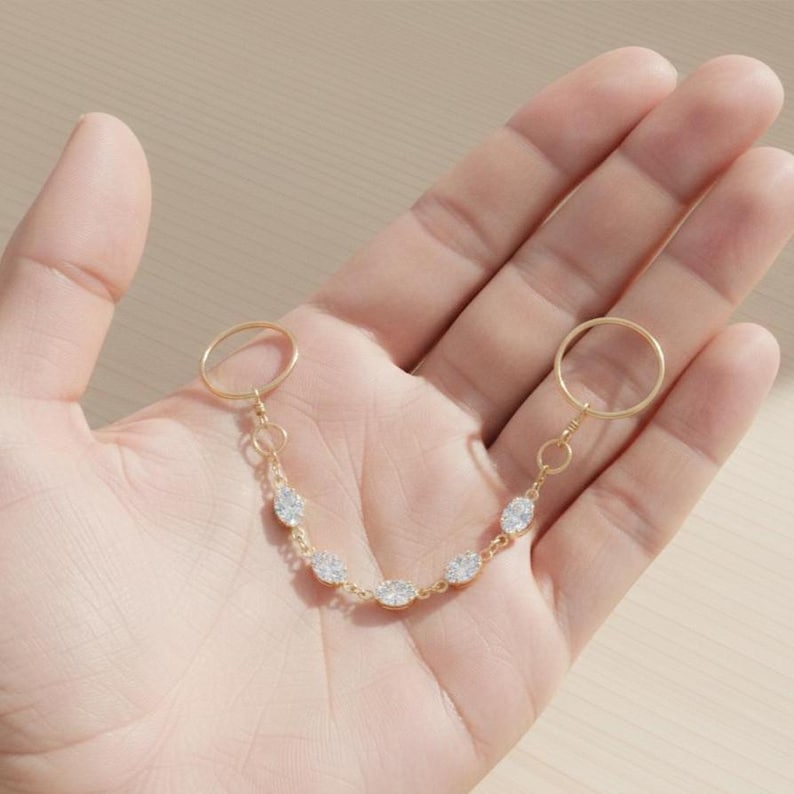 Brass Double Chain Oval Diamond CZ Ring Minimal Statement Jewelry 4