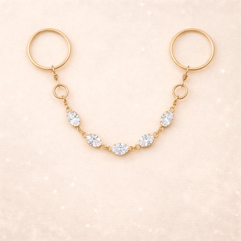 Brass Double Chain Oval Diamond CZ Ring Minimal Statement Jewelry 5