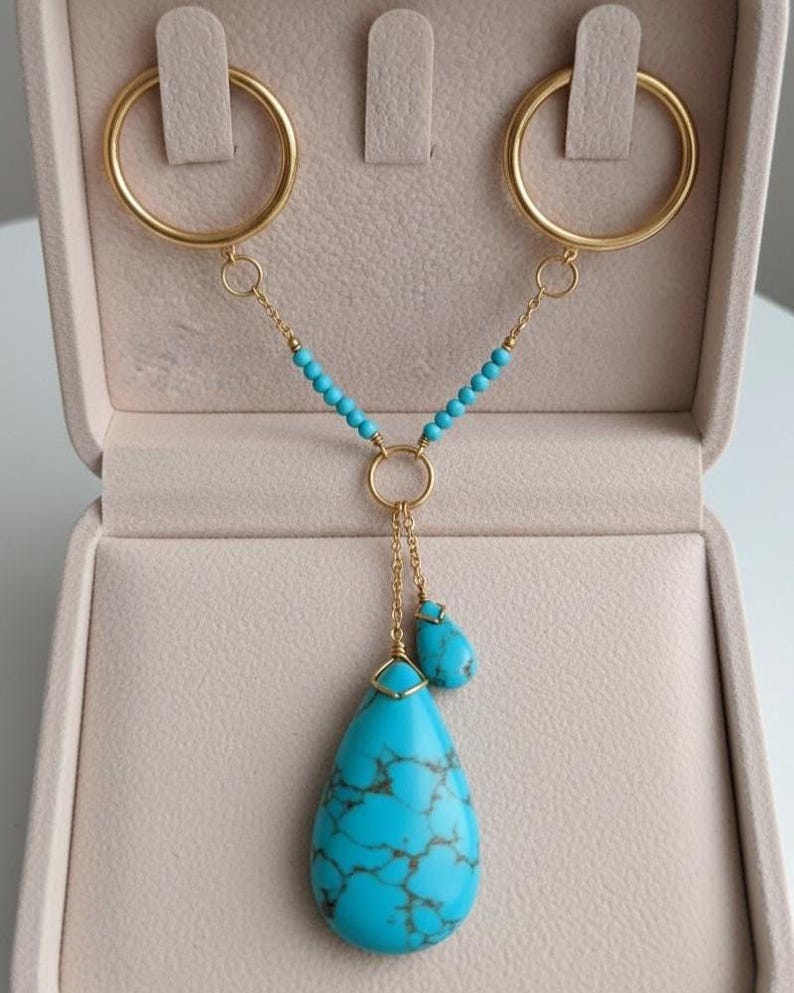 Brass Double Chain Turquoise Drop Ring Boho Statement Jewelry 2