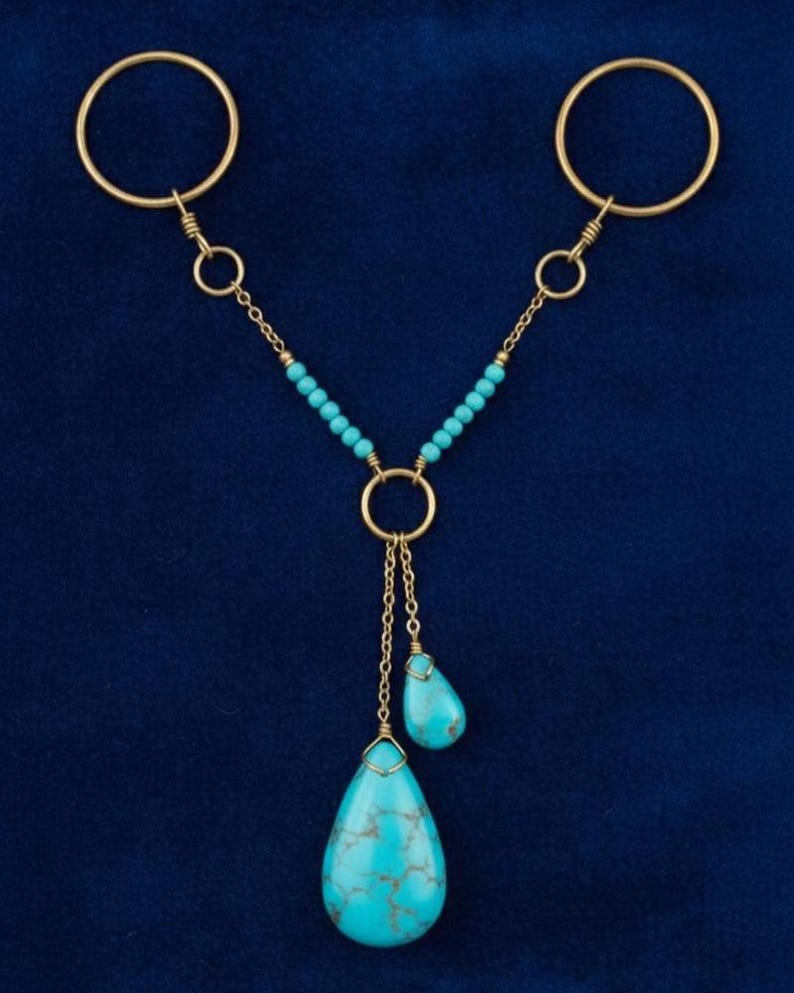 Brass Double Chain Turquoise Drop Ring Boho Statement Jewelry 3