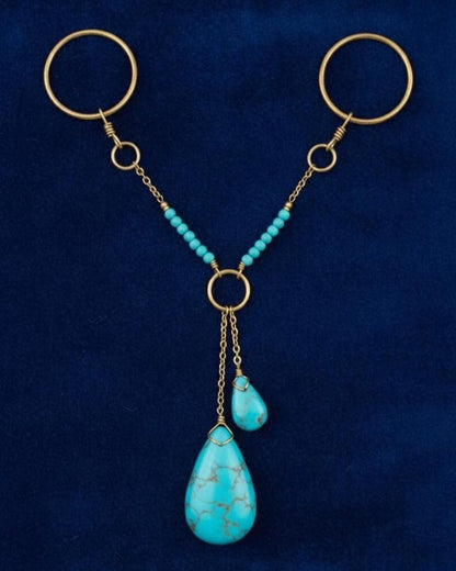 Brass Double Chain Turquoise Drop Ring Boho Statement Jewelry 3